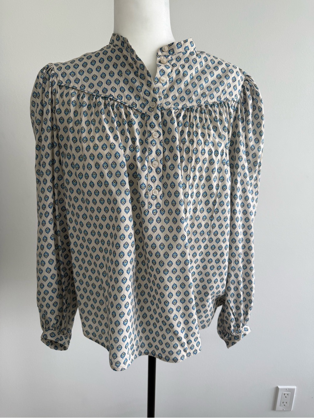 H&M Cream Blouse with Blue Geometric Print